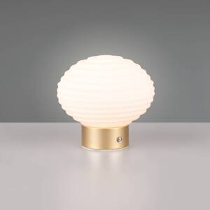 Earl LED-es, újratölthető asztali lámpa, sárgaréz/opál, magasság 14,5 cm,