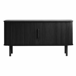 Fekete alacsony komód tolóajtóval, tölgyfa dekorral 76x160 cm Cavo – Unique Furniture